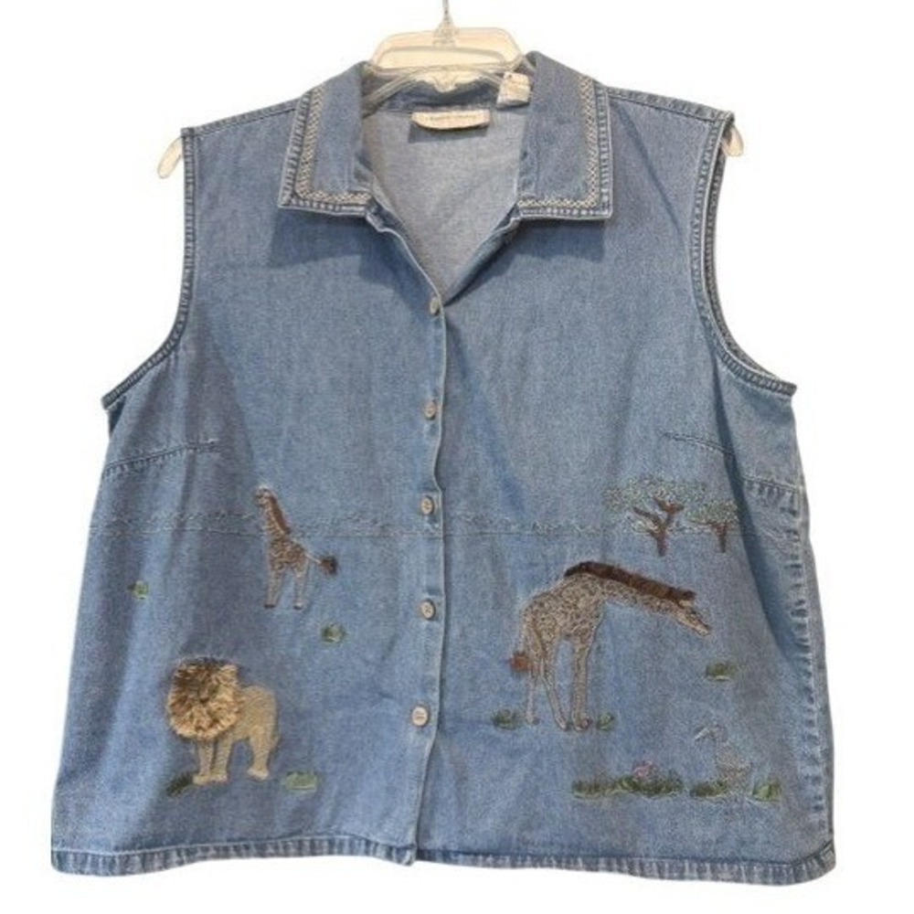 Vintage Lemon Grass Womens XL Safari Denim Vest Embroidered Button Front